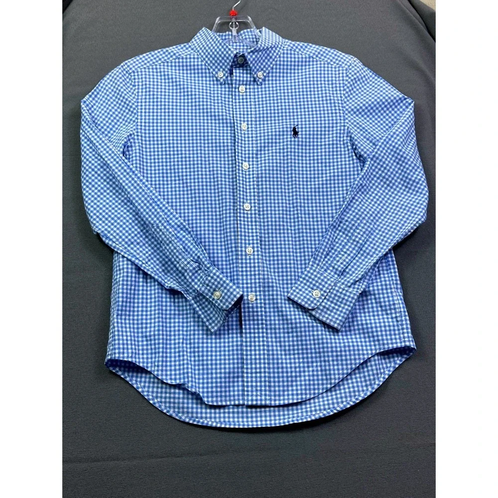 Ralph Lauren Boys Blue Gingham‎ Natural Stretch Button Down Shirt Size M 10-12